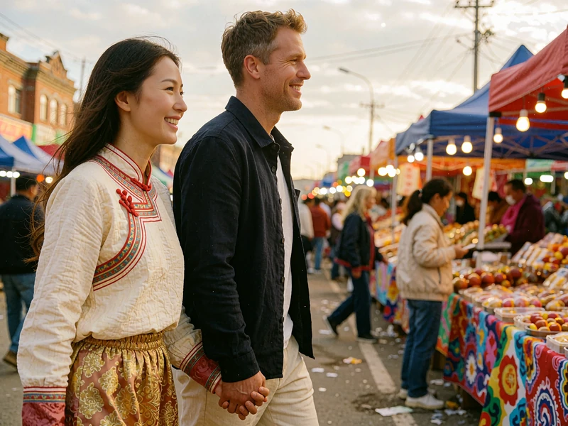 Mongolian woman and Western man walking hand in hand through a bright open-air market street