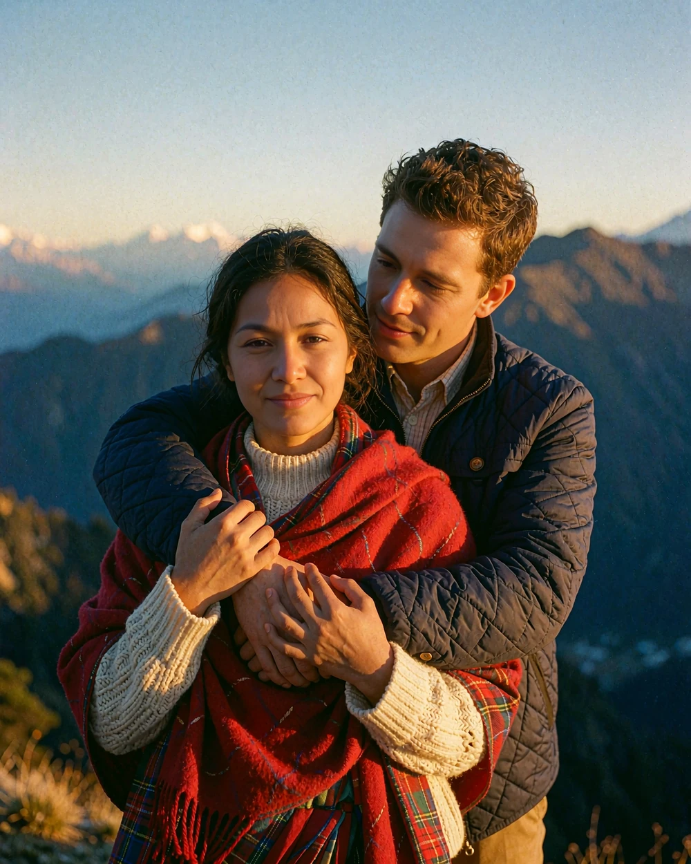 Nepali woman in a red shawl embraced by a Western man at a Himalayan mountain viewpoint at sunrise
