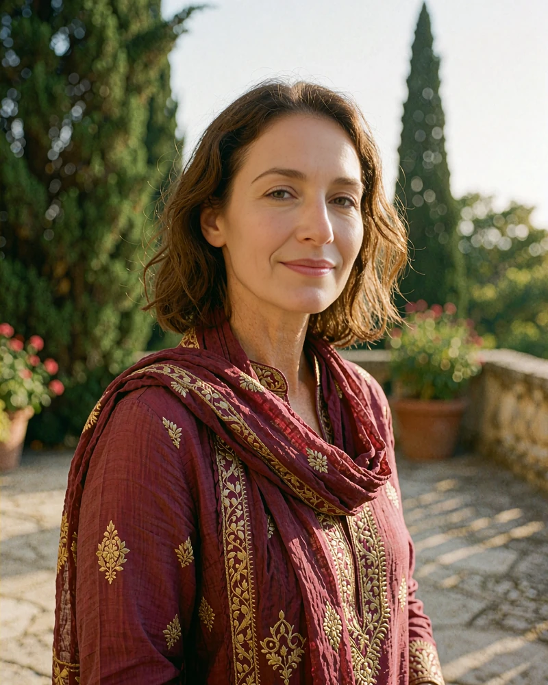 Afghan woman in a burgundy tunic with gold embroidery smiling in a quiet garden terrace
