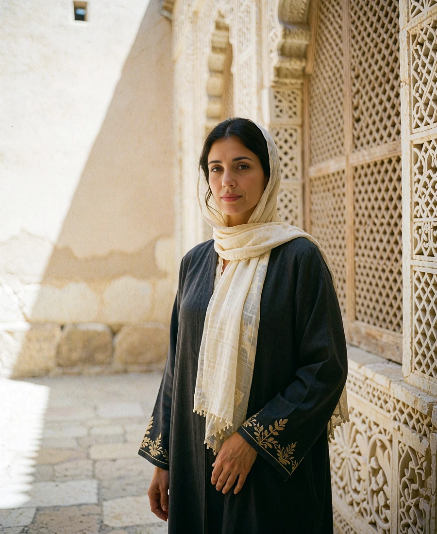 Yemeni woman in a charcoal abaya with gold-embroidered cuffs and an ivory headscarf standing in a sunlit courtyard