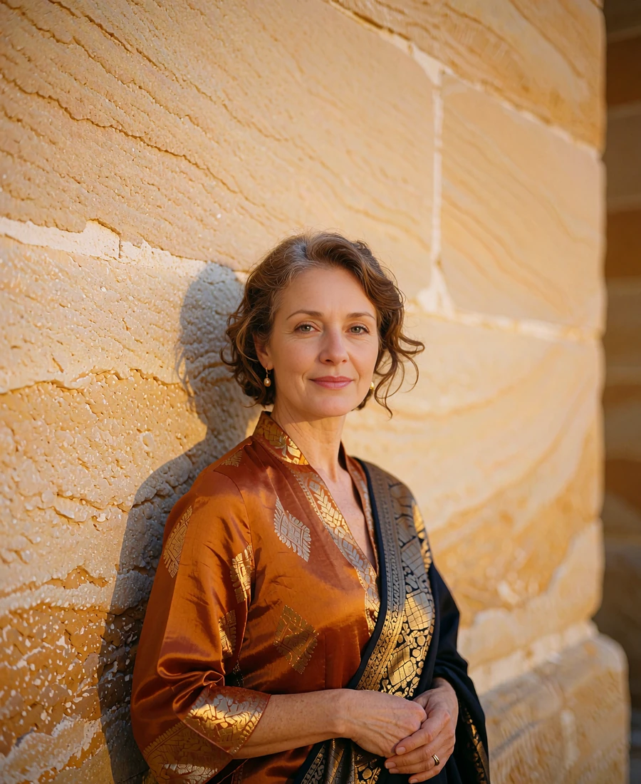 Cambodian woman in a deep amber silk top standing beside a sandstone wall with a gentle smile