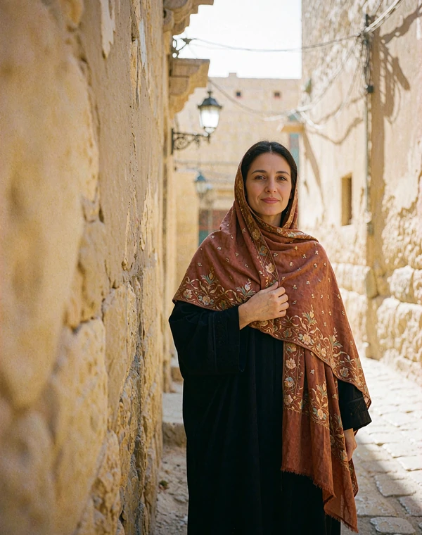 Yemeni woman in a rust-toned embroidered shawl standing on a quiet old-town lane