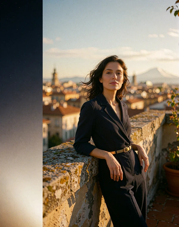 Armenian woman in a navy jumpsuit leaning against a stone parapet on a rooftop terrace at golden hour