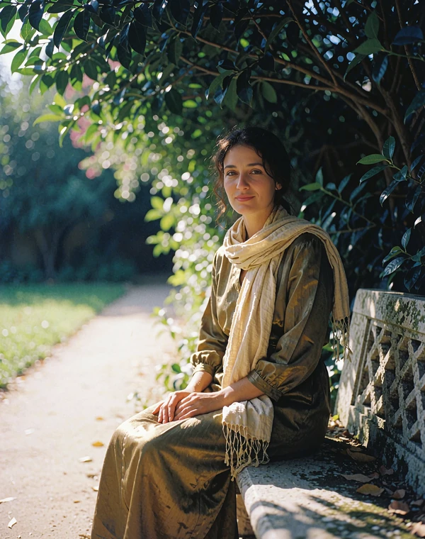 Yemeni woman in a sand-colored scarf seated on a stone bench in a shaded garden