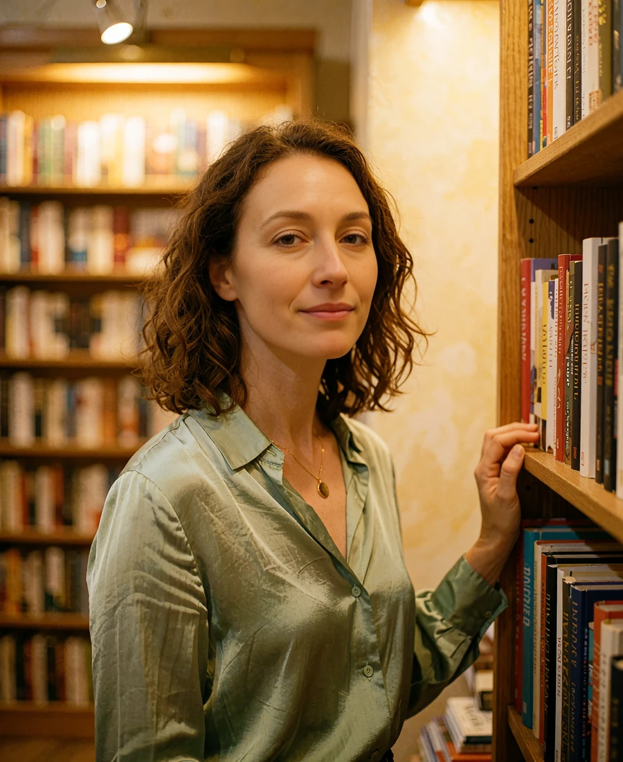 Taiwanese woman in a sage green silk blouse smiling warmly in the aisle of a quiet independent bookshop