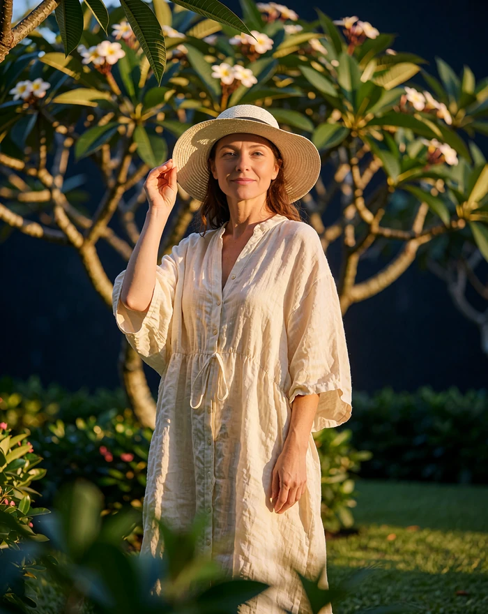 Cambodian woman in a cream linen dress standing in a luxury hotel garden with frangipani trees