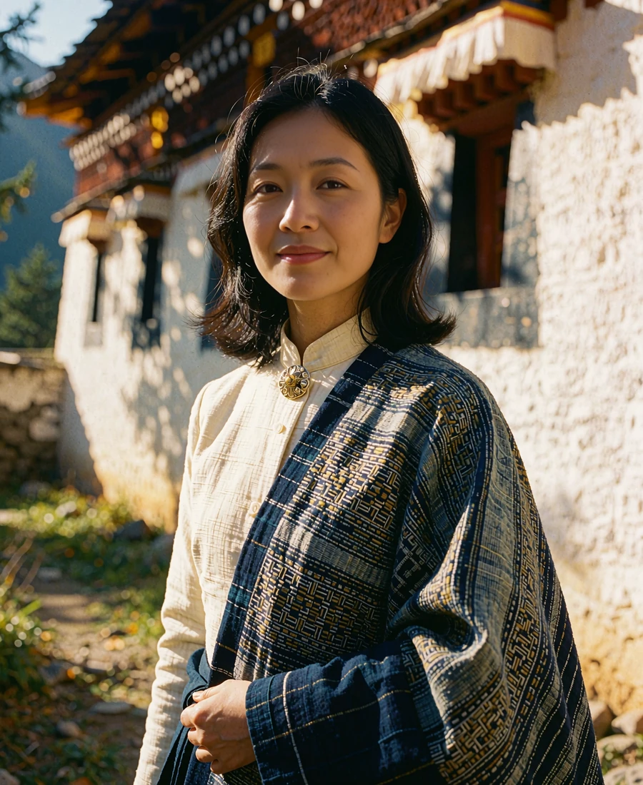 Bhutanese woman in a hand-woven indigo kira and cream jacket on a monastery courtyard backdrop