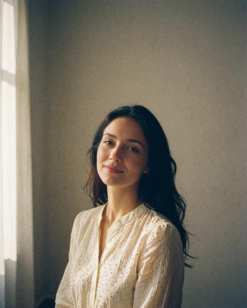 Turkmen woman in a soft ivory blouse smiling gently against a plain warm-grey wall