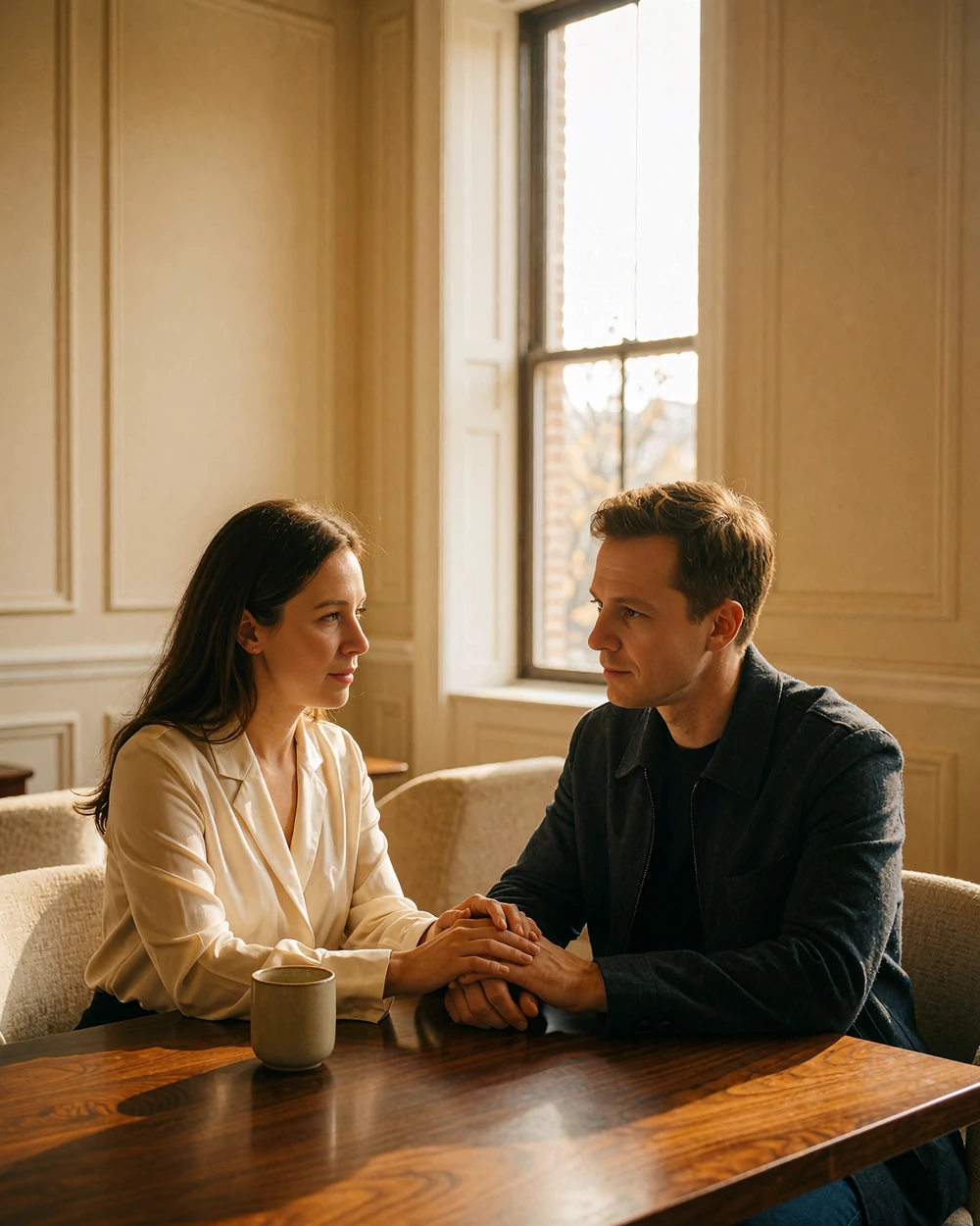 Woman and man seated at a consultation table with her hands resting reassuringly over his
