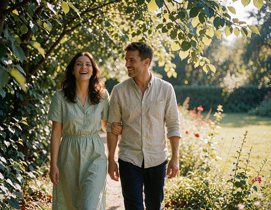 Turkmen woman in a soft sage dress laughing beside a Western man on a tree-shaded garden path