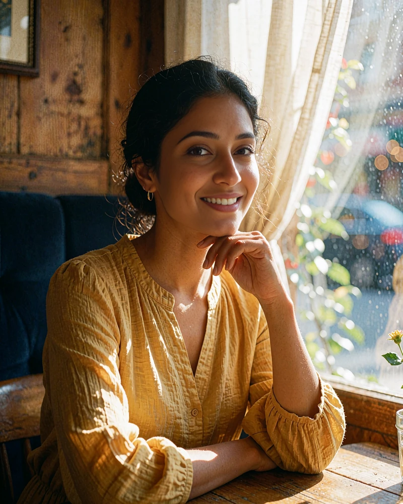 Indian woman in a mustard-gold blouse smiling near a sunlit café window