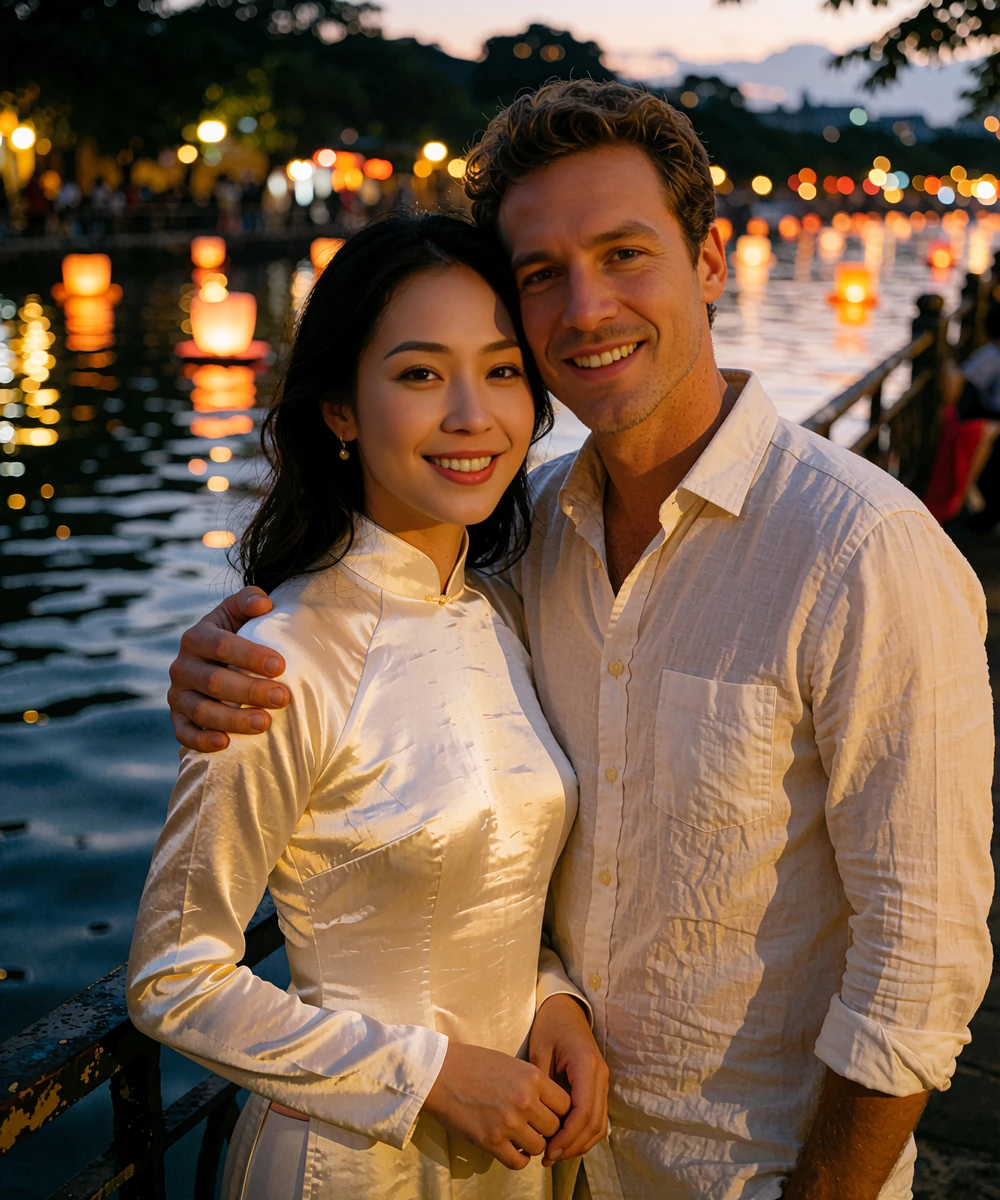 Vietnamese woman in an ivory ao dai standing close to a Western man on a riverside walkway at dusk with floating lanterns behind them