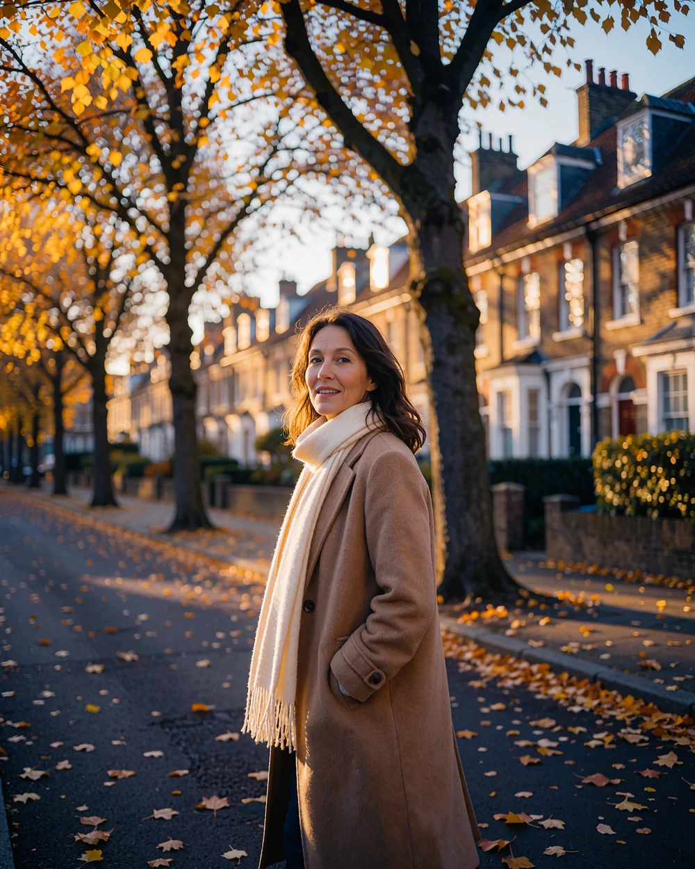 Asian woman in a camel wool coat walking along a quiet tree-lined residential street in her new neighborhood