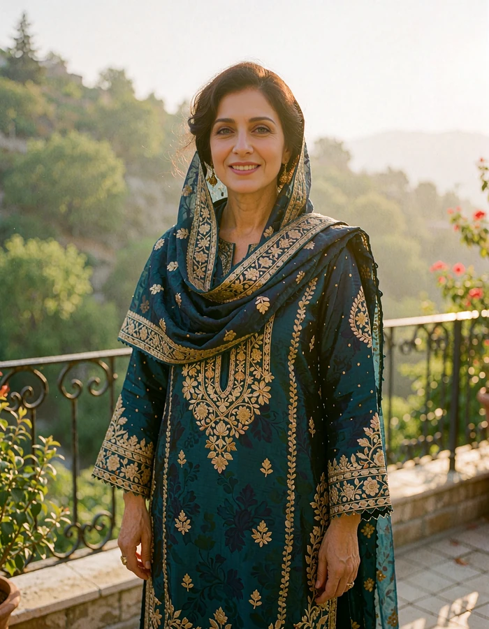 Pakistani woman in a deep teal embroidered outfit with a gold-bordered dupatta on a green hillside terrace