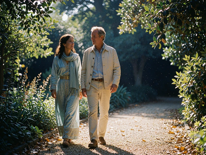 Yemeni woman in a pale blue scarf walking beside a Western man along a shaded garden path in morning light