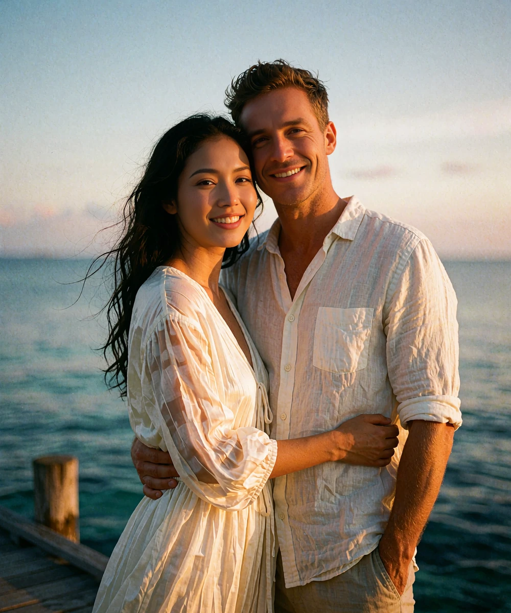 Indonesian woman in an ivory dress standing beside a Western man on a wooden pier at sunset