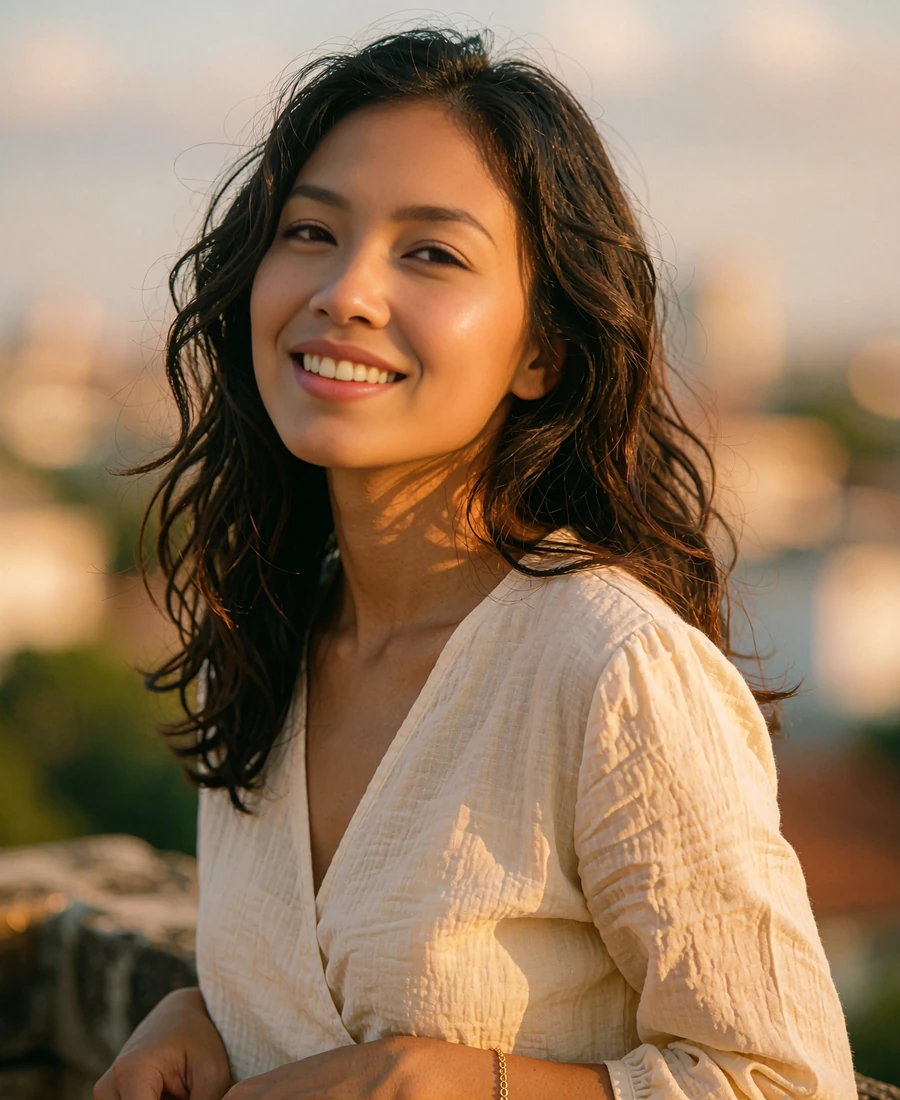 Warm Thai woman in a cream wrap top smiling on an open-air terrace at golden hour