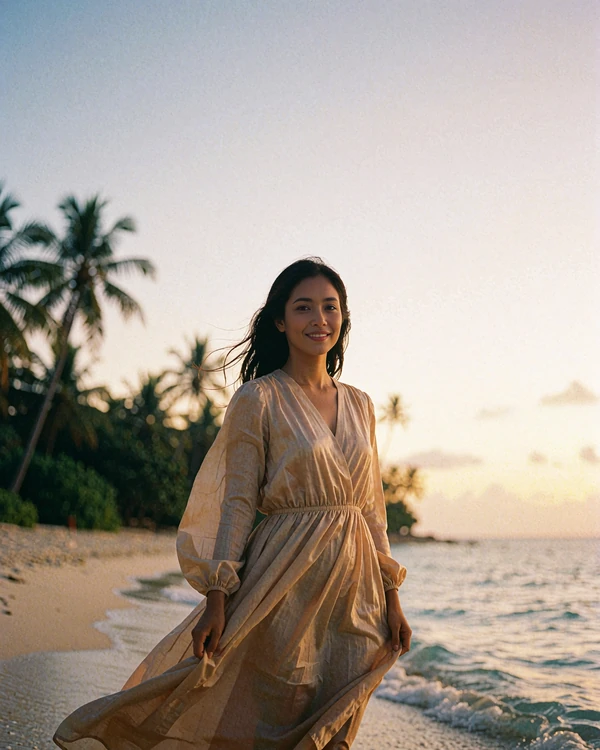 Bruneian woman in a flowing sand-toned modest dress standing on a quiet shoreline at dusk