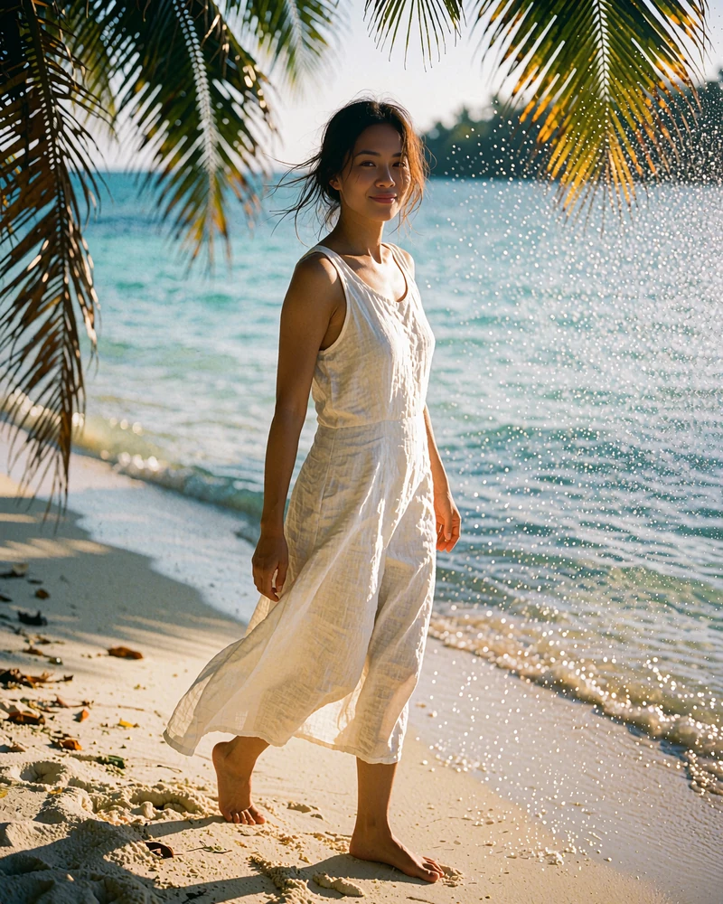 Filipina woman in a white linen dress walking along a quiet Cebu shoreline in soft morning light