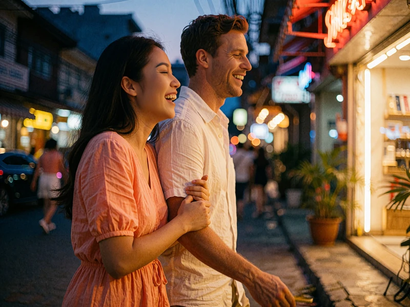 Filipina woman in a coral dress walking arm in arm with a Western man down a lively evening street