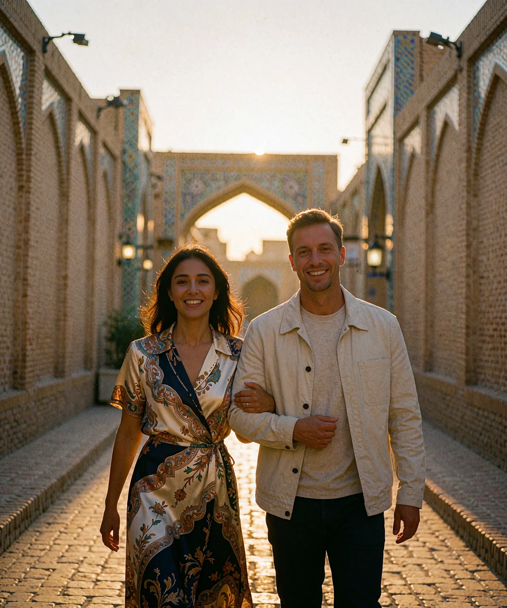Uzbek woman and Western man walking arm in arm through an old city lane of brick and tiled arches at dusk