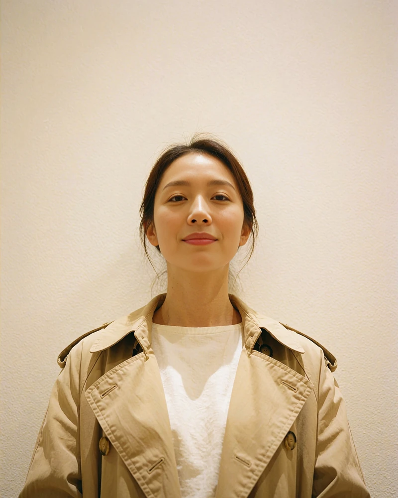 Korean woman in a beige trench coat smiling softly in front of a plain pale gallery wall