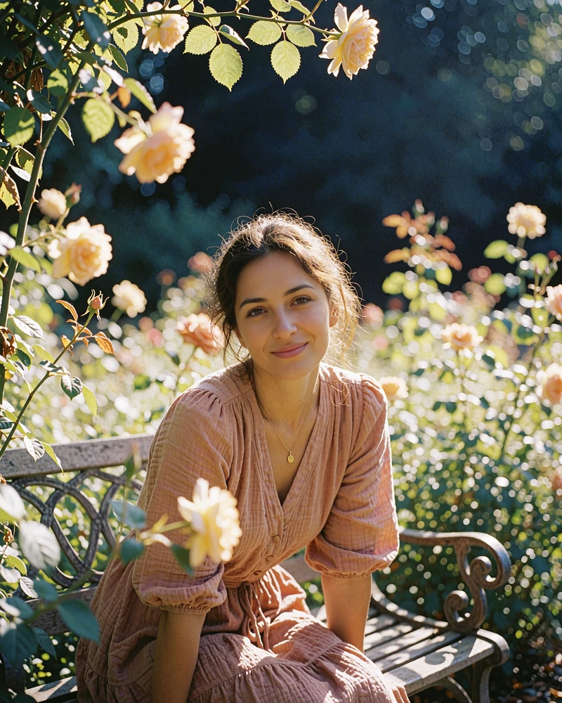 Tajik woman in a dusty rose dress seated on a garden bench with a warm smile