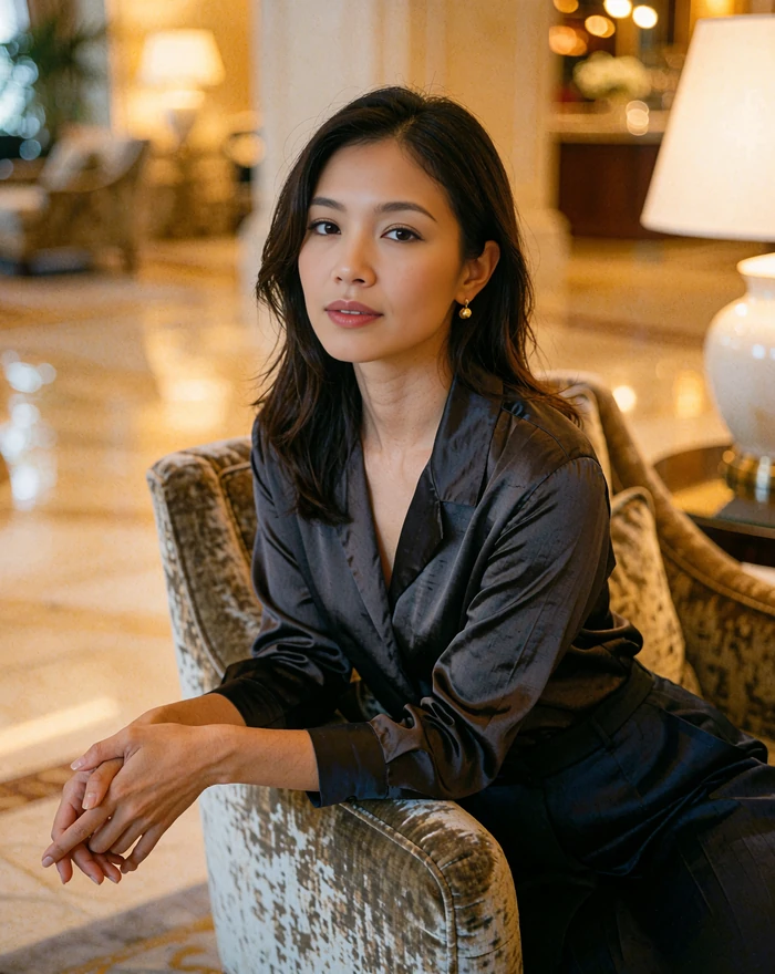 Thai woman in a dark silk blouse seated on a velvet armchair in a luxury hotel lobby