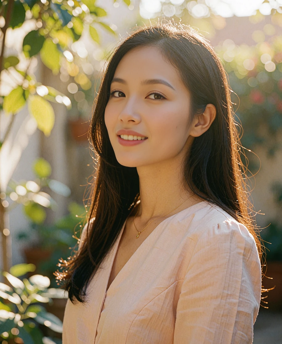 Graceful Vietnamese woman in a blush blouse smiling in a sunlit garden courtyard