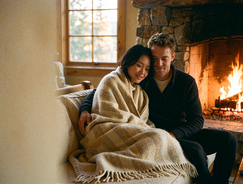 Couple sitting close together before a stone fireplace in a mountain lodge on a cold evening