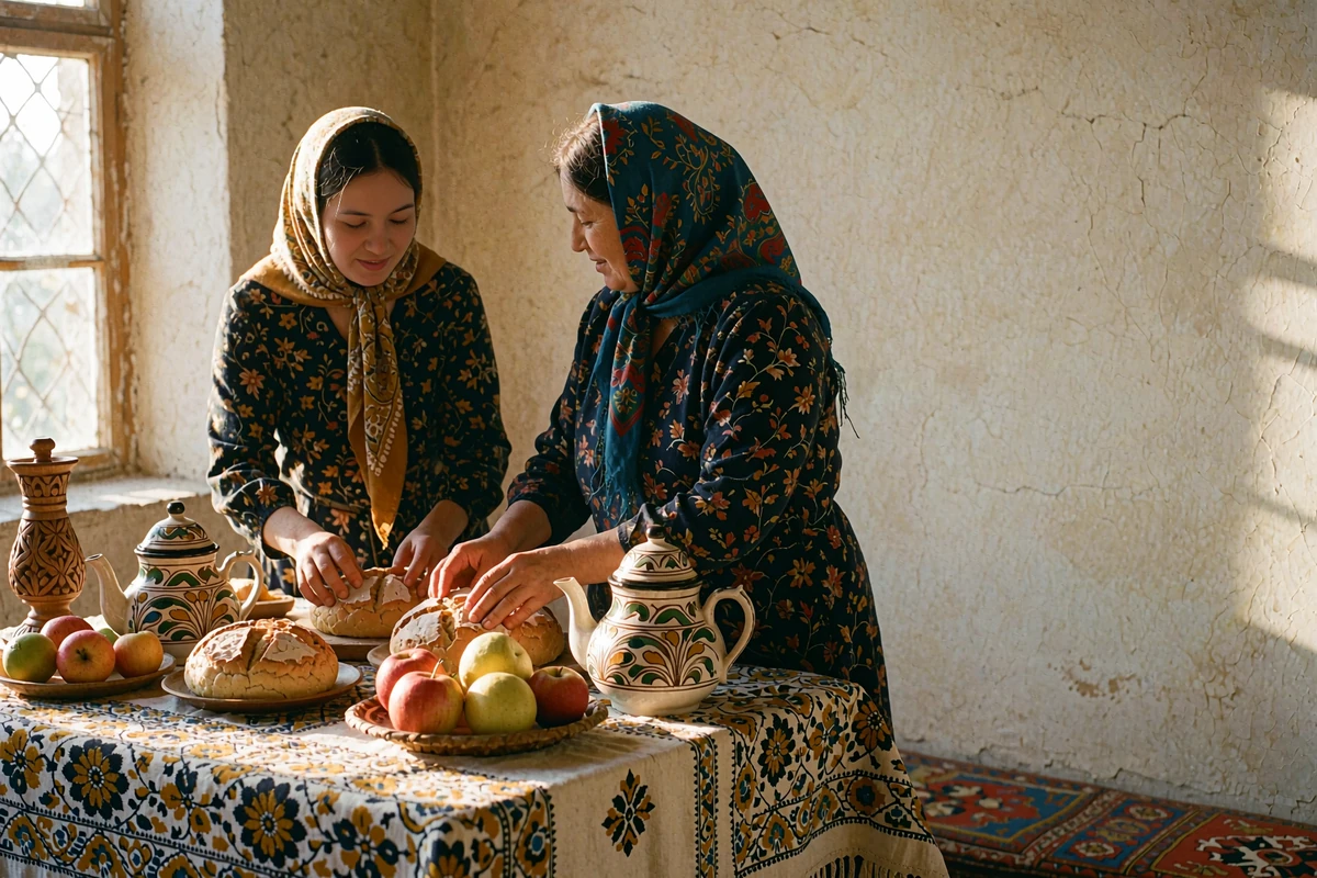 Two Uzbek women arranging bread, fruit and painted teapots on a patterned textile at a traditional home