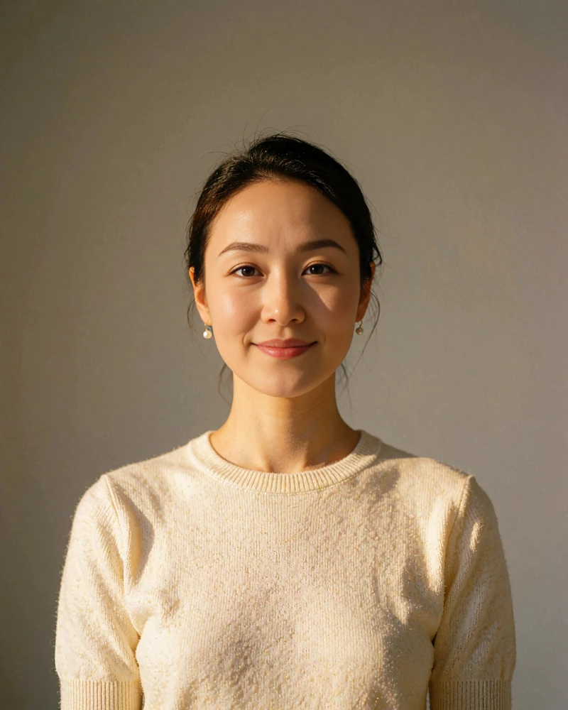 Chinese woman in a cream knit top smiling naturally against a plain warm grey studio background