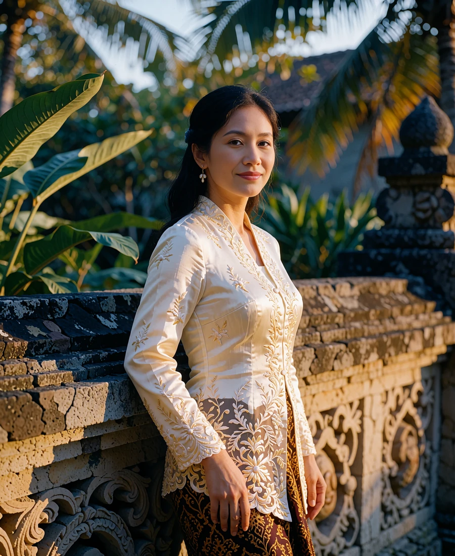 Indonesian woman in an ivory gold-embroidered kebaya standing beside a carved stone wall with tropical foliage behind her