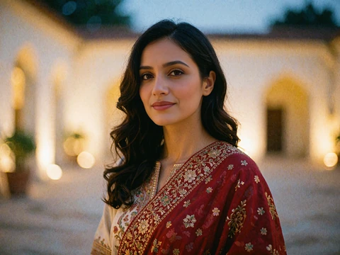 Elegant Pakistani woman in an embroidered crimson shawl smiling gently in warm courtyard lighting