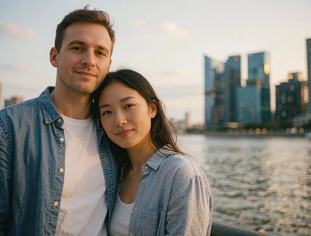Smiling couple standing close together on a riverside promenade with a softly blurred city skyline behind them