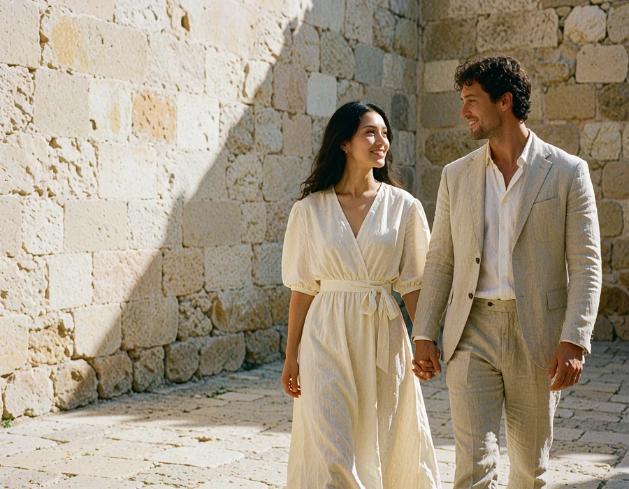 Kazakh woman in an ivory dress walking hand in hand with a Western man through a sunlit stone courtyard