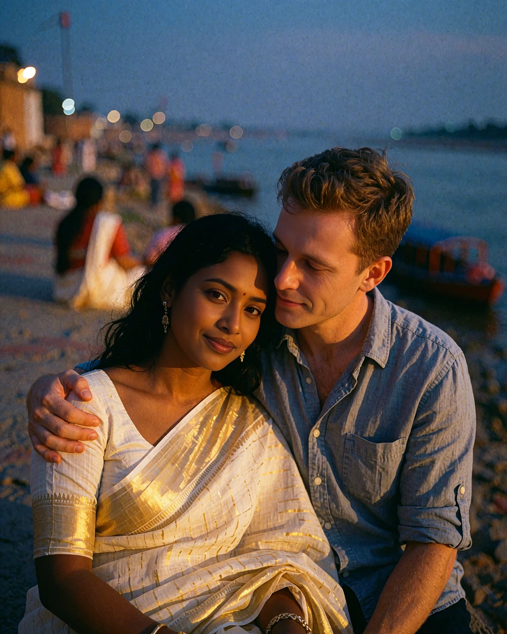 Bangladeshi woman in a gold-bordered saree resting against a Western man on a river promenade at dusk