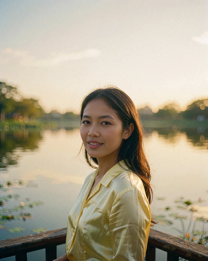 Myanmar woman in a pale yellow silk blouse standing on a wooden lakeside pavilion with a natural smile