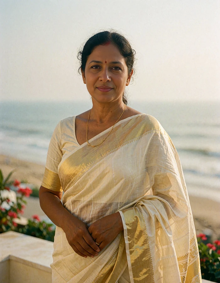 Bangladeshi woman in an ivory saree with a fine gold pallu on a coastal hotel terrace in Chattogram