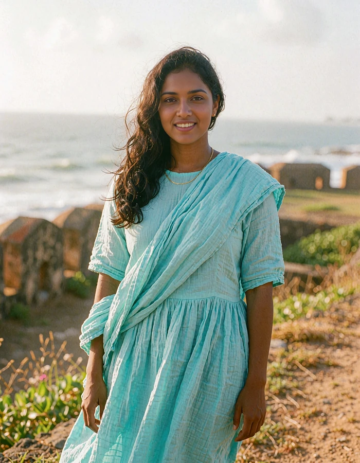 Sri Lankan woman in a turquoise cotton dress smiling on the Galle fort rampart with the ocean behind her