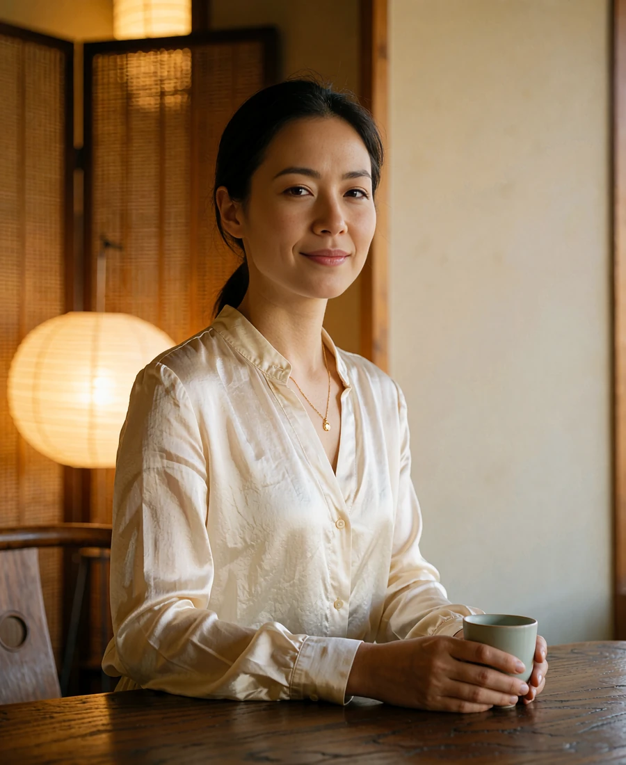Chinese woman in an ivory silk blouse seated at a dark timber table in a refined modern teahouse