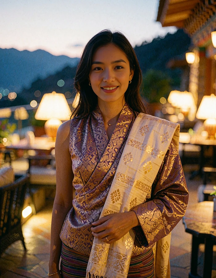 Bhutanese woman in a plum woven wrap with a light stole on a hotel terrace at dusk