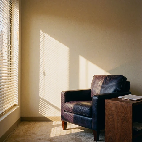 Quiet consultation office corner with a leather armchair and soft window light across a cream wall