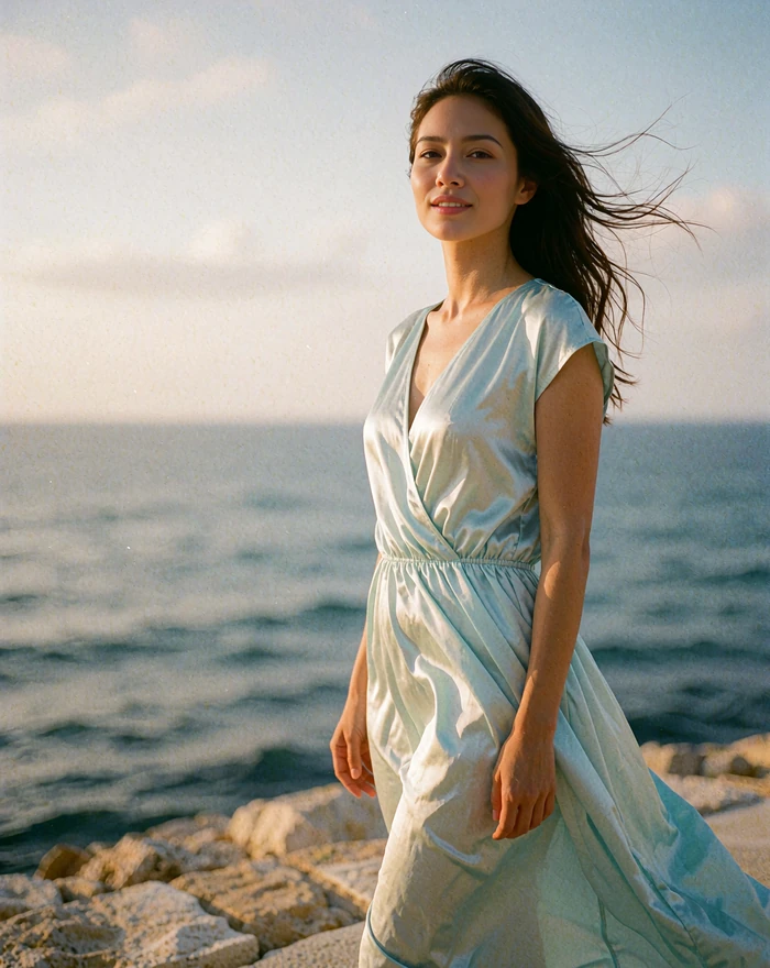 Thai woman in a pale-blue dress standing on a seaside terrace with the ocean behind her