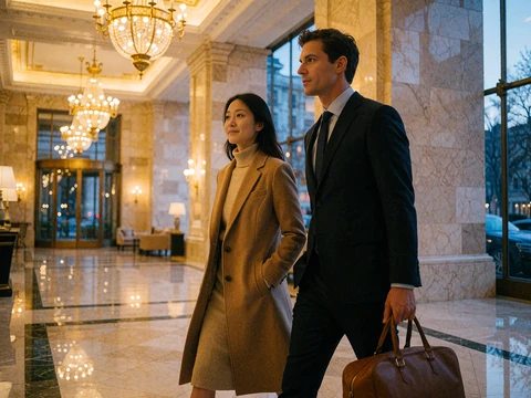 Asian woman in a camel coat walking beside a man through a marble hotel lobby