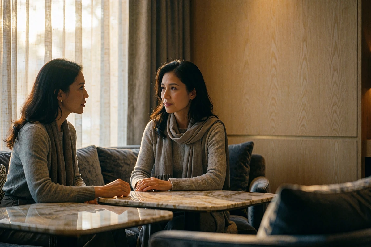 Two Singaporean women in refined neutral clothing in relaxed conversation across a marble table in a hushed hotel lounge