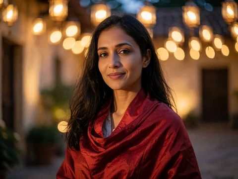 Elegant Indian woman in a deep red silk shawl smiling gently against a blurred golden courtyard background