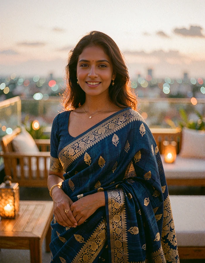 Sri Lankan woman in an indigo silk saree with gold thread detail on a rooftop lounge at dusk