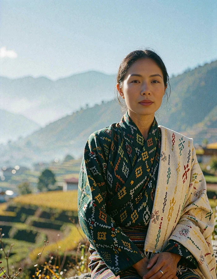 Bhutanese woman in a deep green patterned wrap standing before the terraced fields of Paro valley