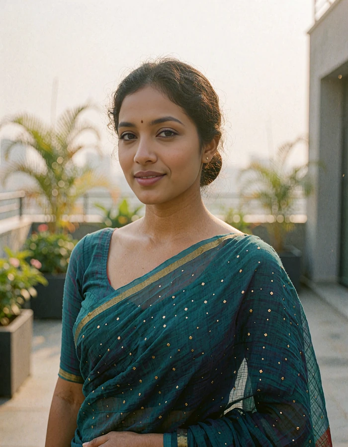 Bangladeshi woman in a teal cotton saree with a thin gold border smiling on a Dhaka rooftop garden